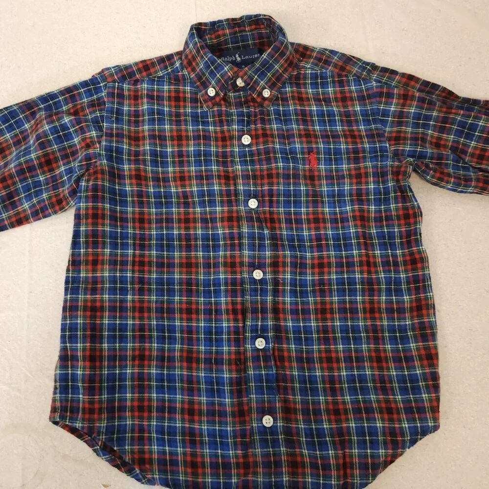 Ralph Lauren Plaid Button Down Shirt Blue Cotton Long‎ Sleeve Boys Size 5 EUC